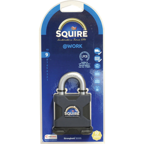 The Sparex Squire Stronghold Padlock (S.26770) features a 50mm black body with a silver shackle, constructed from hardened steel for exceptional security (rating: 9). Displayed against a blue background with product details and logos, this padlock is ideal for high-security doors.