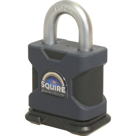 A Squire Stronghold Padlock from Sparex with a grey and black rectangular body and rounded BORON engraved hardened steel shackle. This 50mm wide padlock, ideal for high-security doors with a security rating of 9, also features the brand's logo on its sturdy exterior.