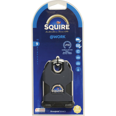 A packaged Squire Stronghold Padlock - Hardened Steel, Body width: 50mm (Security rating: 9) - S.26771 by Sparex. The blue packaging features the Squire logo at the top, certifications, and icons representing different applications, emphasizing its use in maximum risk situations with hardened steel padlocks.