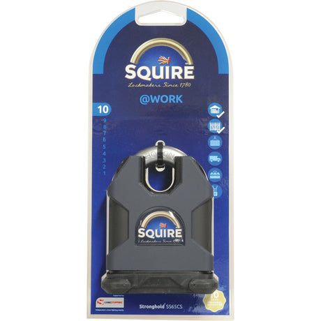 A packaged Squire Stronghold Padlock - Hardened Steel (S.26772) by Sparex, model SS65CS, showcasing its security features and branding. The packaging mentions "Lockmakers Since 1780," "10-year guarantee," and highlights its suitability for maximum risk situations (Security rating: 10).