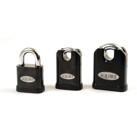 Three Sparex Squire Stronghold Padlocks (S.26772), made of hardened steel with a body width of 65mm and a security rating of 10, are arranged in a row on a white background, ideal for high-security doors and maximum risk situations.