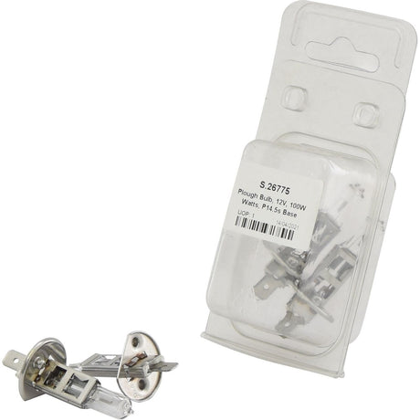 Image showing two Light Bulb (Halogen) H1, 12V, 100W, P14.5s from Sparex Part No.S.26775 (Agripak 2 pcs.), with one inside a transparent plastic package and the other outside next to it. The package has a label with specifications.