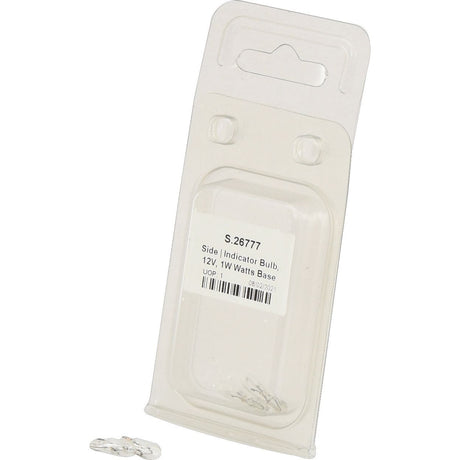 Clear plastic packaging containing a Sparex 12V side indicator light bulb (Part No. S.26777) with a labelled sticker. The filament of the 1W bulb is visible within the packaging, and the product includes two bulbs in an Agripak pack.