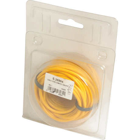 The Sparex Electrical Cable - 1 Core, 2.5mm² Yellow (Length: 10M), (Agripak) | Sparex Part No.S.26964, comes coiled in a transparent plastic clamshell packaging with an identification label displaying product details and barcode.