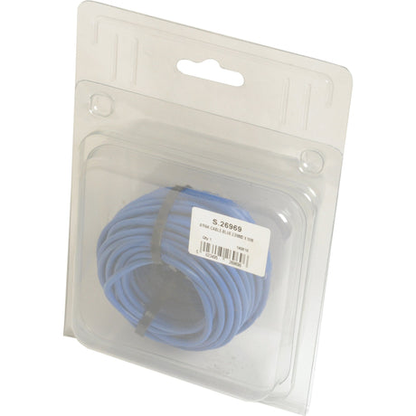 A coiled Electrical Cable - 1 Core, 2.5mm² Cable in blue inside clear plastic packaging with a white label displaying text and a barcode, measuring 10M in length (Sparex Part No.S.26969).