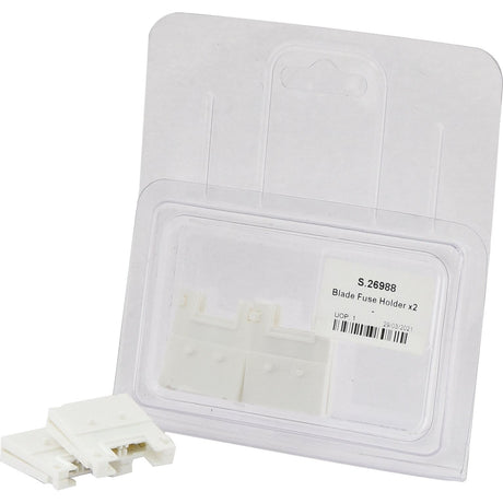 The Sparex pack of Agripak Fuse Holders (2 pcs.), part number S.26988, contains two white holders. The clear packaging prominently displays a label with product details and model number, making it easy to identify your fuse holders at a glance.