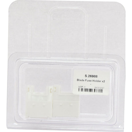 Pack of two Sparex Fuse Holders (Agripak 2 pcs.) in a clear blister packaging with a white label displaying product code S.26988 and manufacture date 29/03/2021.