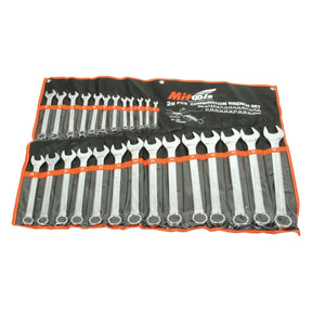 A 26-piece Sparex combination wrench set (Sparex Part No.S.23334), arranged in a sleek black and orange roll-up pouch, showcasing both open-end and box-end wrenches in various sizes with a silver satin finish.