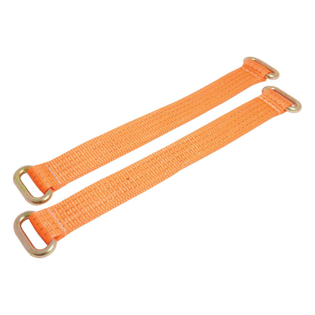 Two Bridging Strap 500mm straps (Sparex Part No. S.27037) in orange nylon, a commendable Sparex alternative, with metal rings on each end, laid parallel to each other on a white background.