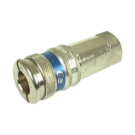 A close-up view of a metal coaxial cable connector with a blue ring near the base, showcasing precision similar to that of the COUPLING-FEMALE THREAD 1/4" BSP (Sparex Part No. S.27044) by Sparex.