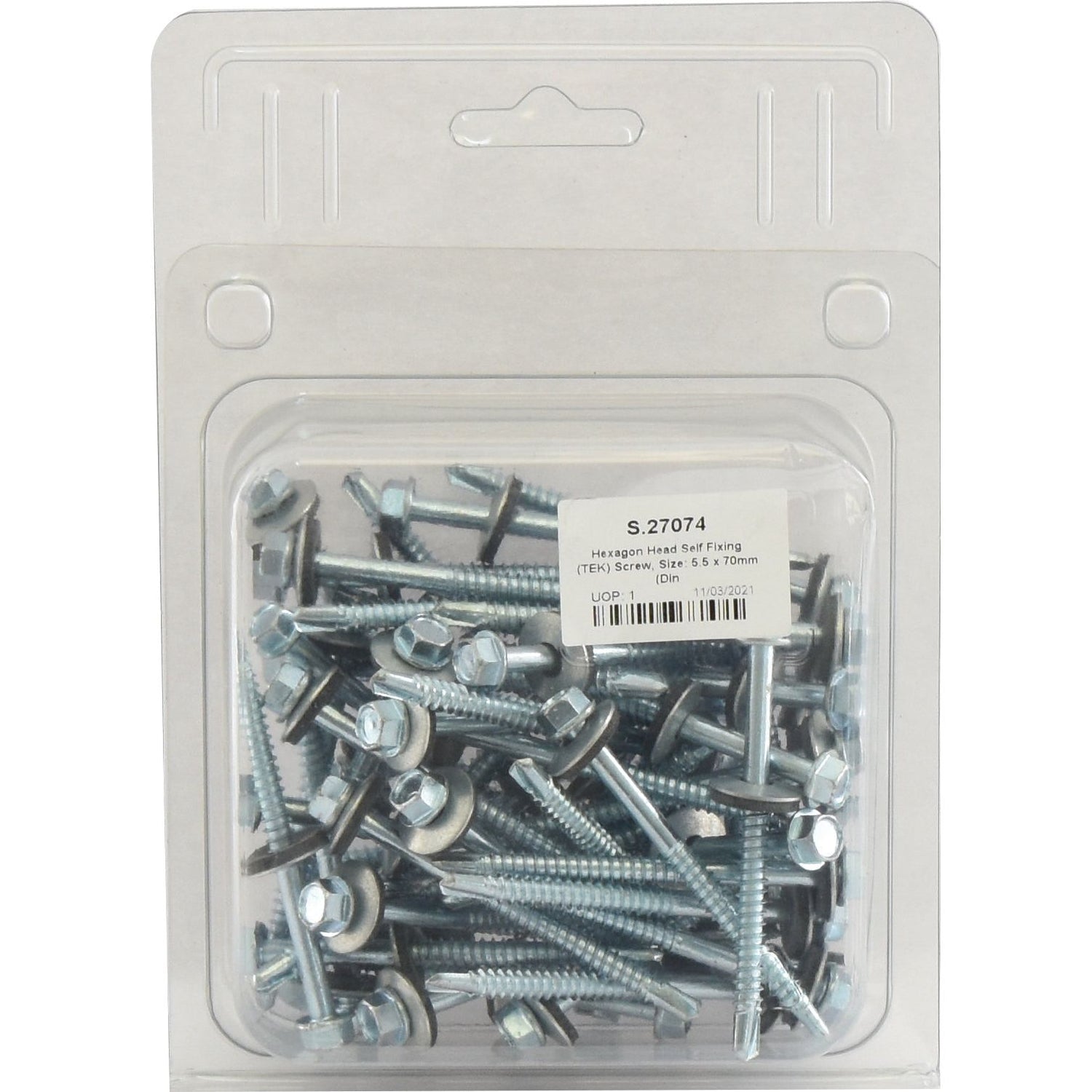 A plastic package containing a set of Sparex Hexagon Head Self Fixing (TEK) Screws, 5.5x70mm (DIN 7504K), each zinc-plated metal screw with an attached washer. The label on the package displays specifications and the quantity of screws enclosed, identified by Sparex Part No.S.27074.