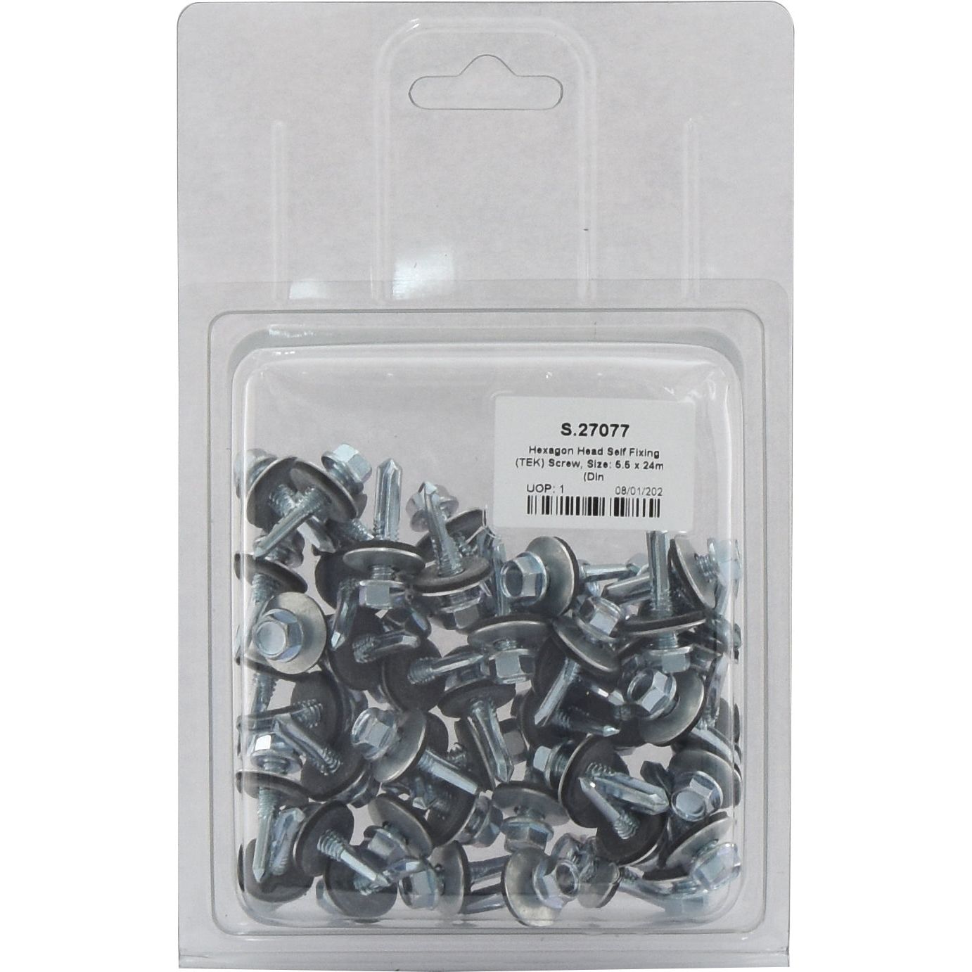 A plastic blister pack containing Sparex hexagon head self-fixing (TEK) screws, labeled with size 5.5 x 24 mm (Din 7504K) and code S.27077.