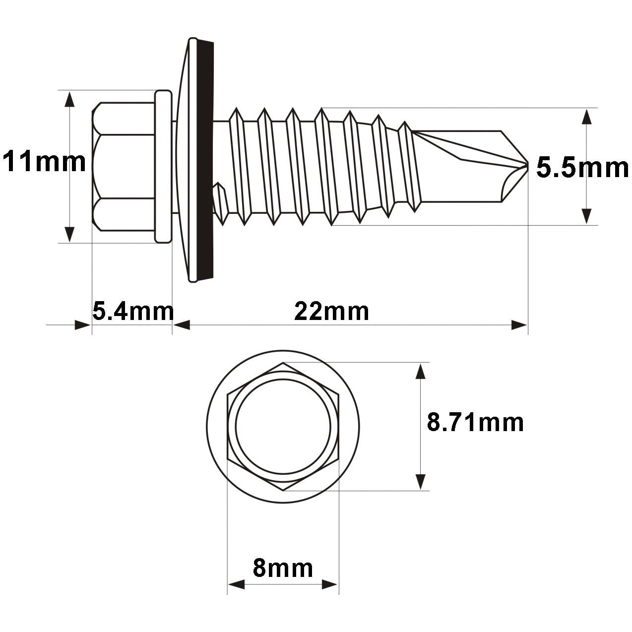 Technical drawing of a Sparex Zinc Plated Hexagon Head Self Fixing (TEK) Screw with a washer, showing measurements including 22 mm length, 11 mm head height, and various widths labeled in millimeters. This screw is Sparex Part No. S.27082 and conforms to DIN 7504K standards with dimensions of 6.3x22 mm.