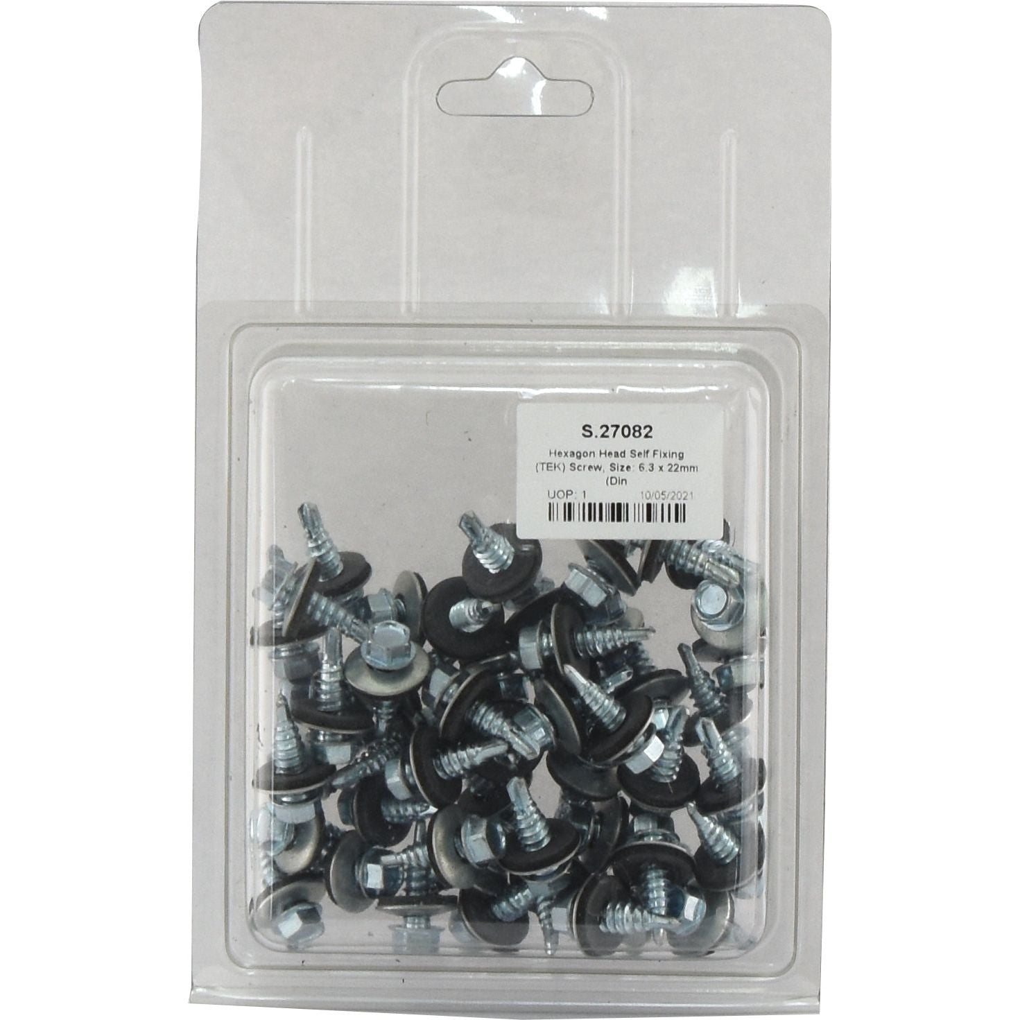 A plastic package containing a batch of Hexagon Head Self Fixing (TEK) Screws, size 6.3 x 22mm, with a label indicating the item number S.27082 and quantity of 50 screws, all zinc plated for extra durability.