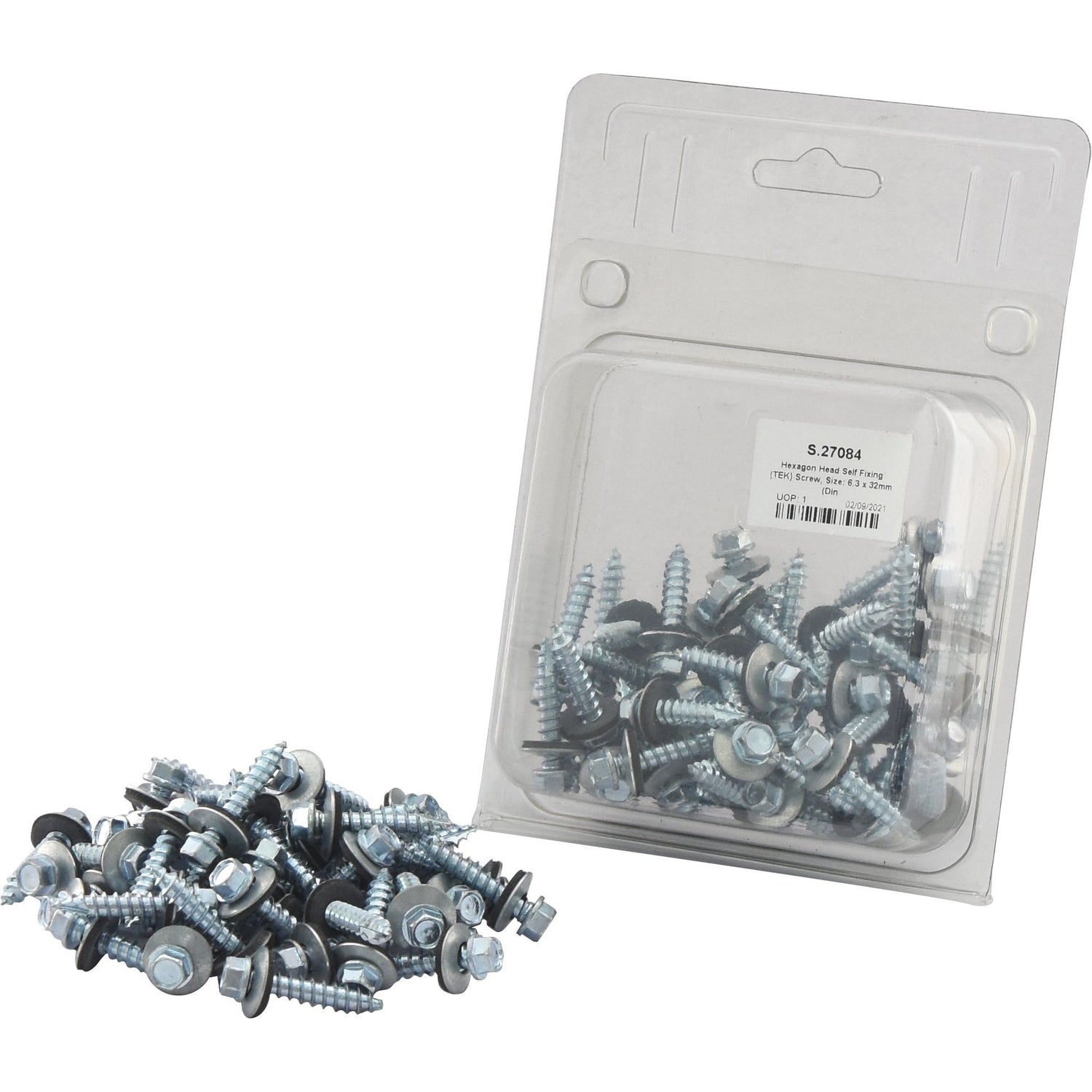 A pile of Sparex Hexagon Head Self Fixing (TEK) Screws, 6.3x32mm (DIN 7504K), Part No. S.27084 with washers partially spilled out of a clear plastic package, which is also shown in the image.