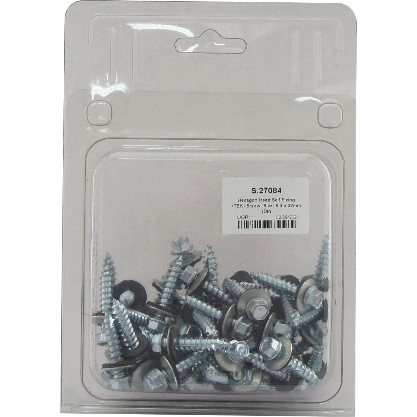 A clear plastic packaging containing several Hexagon Head Self Fixing (TEK) Screws with washers, labeled with Sparex Part No. S.27084 and size details (6.3 x 32mm), ensures durability and long-lasting performance for various applications.