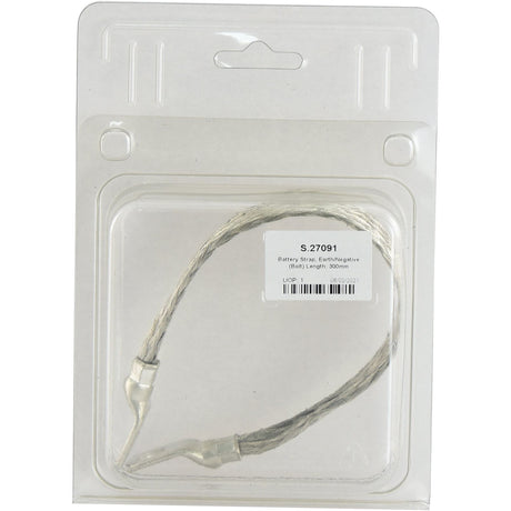 A packaged Sparex battery strap with a label reading "Battery Strap, Earth/Negative (Bolt) Length: 300mm - S.27091." The strap, featuring braided tinned copper wire, measures approximately 300 mm in length.