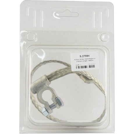 Image of a battery strap with a clamp in its original packaging. The label on the packaging reads "Sparex Battery Strap, Earth/Negative (Clamp) Length: 400mm - S.27094," featuring a braided tinned copper wire for optimal conductivity and durability.