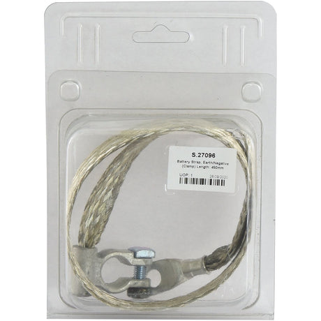 A packaged Battery Strap, Earth/Negative Clamp of 450mm in length, made from braided tinned copper wire and secured in a clear plastic casing with a label showcasing the product details from Sparex (S.27096).