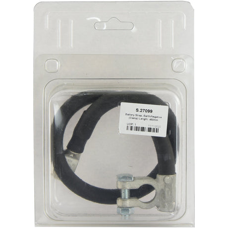 A Sparex Battery Strap with an earth clamp, model S.27099, is packaged in a clear plastic case and labeled "Battery Strap, Earth/Negative (Clamp) Length: 450mm.