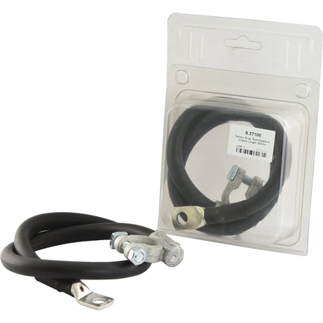 A Sparex Battery Strap, Earth/Negative (Clamp), 600mm in length (S.27100) is displayed. One black 50mm² cable with battery terminals is partially coiled and out of the packaging, while another identical cable is in a clear plastic package with a white label.