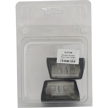 A packaged set of two rectangular Halogen Number Plate Lights, branded "Sparex" and labeled "S.27106," is E Approved for 12/24V use.