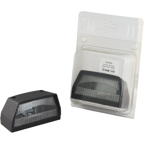 The Sparex Halogen Number Plate Light 12/24V - S.27107 is a rectangular black plastic vehicle license plate light with a clear lens, featuring a Halogen bulb for enhanced illumination. It is available both packaged and unpackaged.