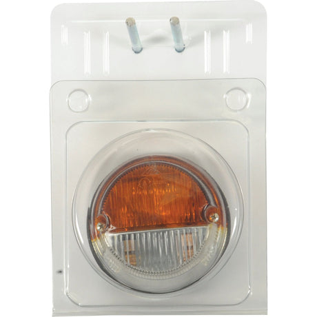 A sealed plastic-cased Front Combination Light (Halogen), 12V, RH & LH, Straight - S.27108 by Sparex, featuring a round design with an amber lens and a clear lower half.