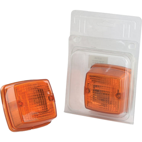 Two Halogen Indicator Lights, RH & LH (S.27109) by Sparex, each with orange square reflectors, are positioned side by side against a white background. One is in clear plastic packaging while the other is unpacked. Constructed with durable polycarbonate lenses, these reflectors ensure enhanced visibility and longevity.