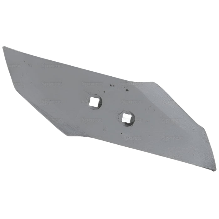 The Lemken - Share Point - 3365541 L/H - 77590 is a metal agricultural implement part featuring an angled edge and two mounting holes, designed to be compatible with Lemken Ploughs.