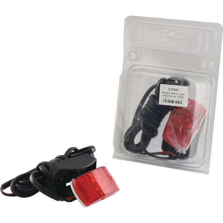 The LED Rear Facing Marker Light, 12/24V - S.27222 from Sparex, with its red lens and black wiring, is shown outside its packaging next to a package labeled "Holder Brake Light Rear Facing, 12V." This accessory is perfect for your vehicle. Illuminate your ride with our ECE-approved lighting solutions for enhanced safety.