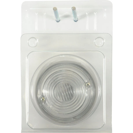 Clear plastic packaging contains the Sparex Marker Light - Front Facing (Halogen), RH & LH, 12/24V - S.27224. The light fixture features visible screws and a pronged connector at the top, along with a durable polycarbonate lens for enhanced strength and clarity.