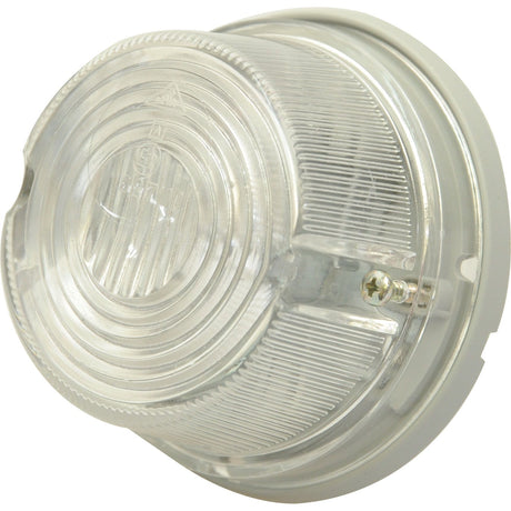 Close-up of a clear, round polycarbonate lens encased in a white housing, positioned on a surface with visible screws, featuring the Sparex Marker Light - Front Facing (Halogen), RH & LH, 12/24V - S.27224.