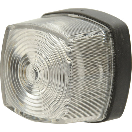 Close-up of the Sparex Marker Light - Front Facing (Halogen), RH & LH, 12/24V - S.27238, featuring a translucent, square-shaped E Approved automotive light cover with concentric circles and a black rubber housing designed for halogen bulbs.