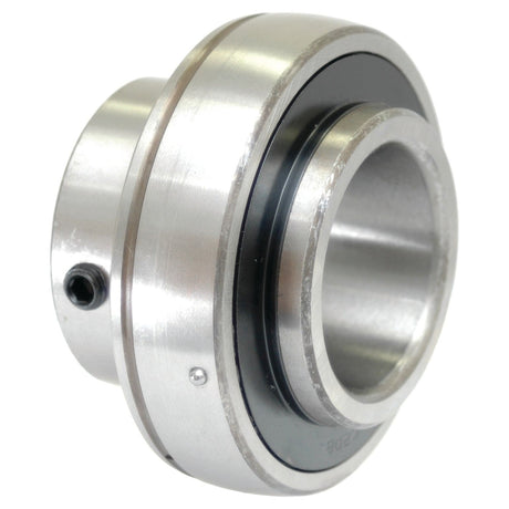 The Sparex Plummer Block Bearing Insert (UC204) - S.27256 by Sparex, featuring a 2RS seal, showcases a smooth, round design with a central hole and black inner ring; it also has a small screw visible on the left side.