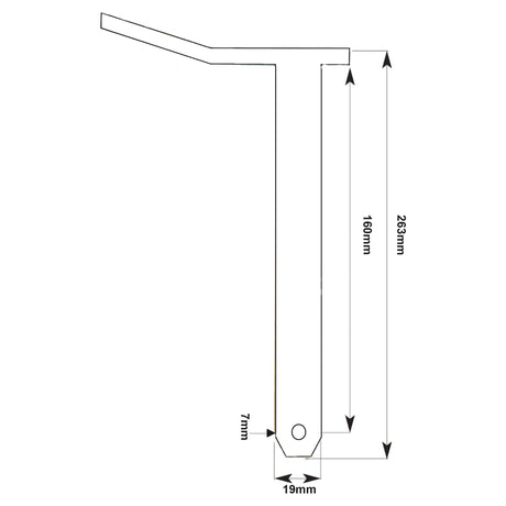 Technical diagram of a Swinging Drawbar Hinge Pin 19x160mm for Massey Ferguson and Landini 5830, with dimensions: 263mm height, 160mm length, 19mm width, and 7mm hole diameter. Available through Sparex (Sparex Part No.S.2732).