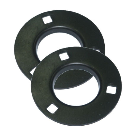 Two black metal washers with square cutouts are placed overlapping each other on a white background, resembling the Roller Bearing Fixing Plate - 3 Hole (S.27344) from the Sparex collection.