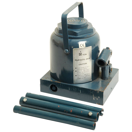 A Sparex Hydraulic Bottle Jack 50T (Part No. S.27356) in blue, featuring a handle, is displayed alongside three detachable pump pipes against a white background.