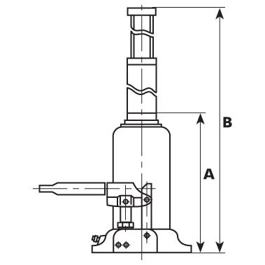 Technical drawing of a Hydraulic Bottle Jack 50T (Sparex Part No.S.27356). It shows the mechanism with labeled dimensions A (lower section of the jack) and B (total extended height).