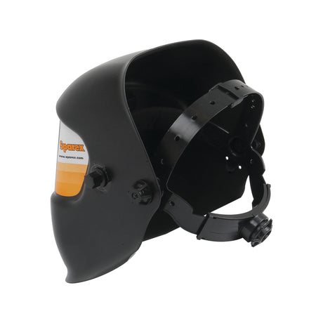 A black Electronic Welding Mask (S.27358) with an adjustable head strap and a clear view filter, featuring a visor sticker from the brand "Sparex" and equipped with UV/IR protection.