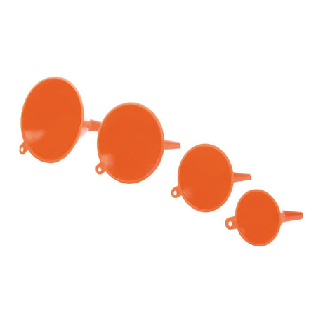 Product Specifications: Sparex Set of 4 plastic funnels (S.27380) in orange, aligned in a row from largest to smallest.