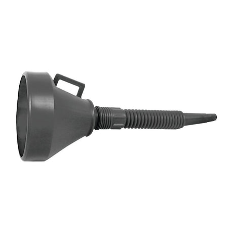 A Sparex Plastic Funnel (Product Code: S.27381) with a diameter of 145mm (5, 3/4''), crafted from high-density polyethylene, features a black finish, corrugated flexible spout, and side handle, shown against a plain white background.