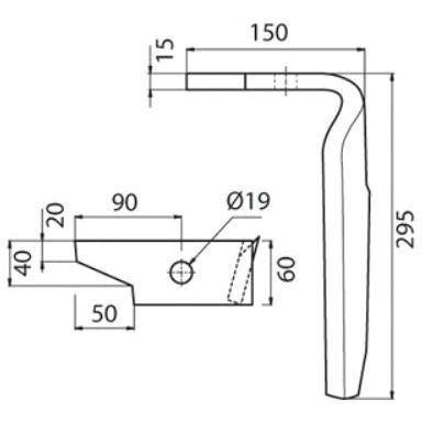 Power Harrow Blade 60x15x295mm LH. Hole centres: mm. Hole⌀ 19mm. Replacement forAmazone.
 - S.27425 - Farming Parts