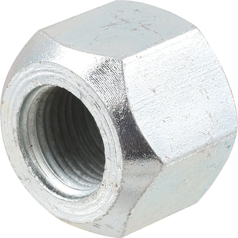 Close-up image of a heavy-duty Cone Wheel Nut, 5/8'' UNF (Sparex Part No. S.2742), featuring a hexagonal shape and an internal threaded hole, ideally suited as a Sparex rear wheel component.