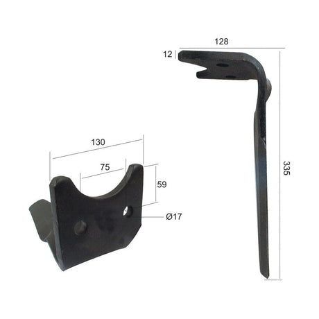 Power Harrow Blade 130x12x335mm RH. Hole centres: 75mm. Hole⌀ 17mm. Replacement forAmazone.
 - S.27430 - Farming Parts