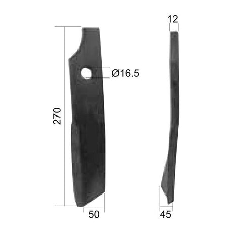 Rotavator Tine Twisted LH. Width: 50mm, Height: 270mm, Hole⌀: 16.5mm. Replacement for Kuhn
 - S.27433 - Farming Parts