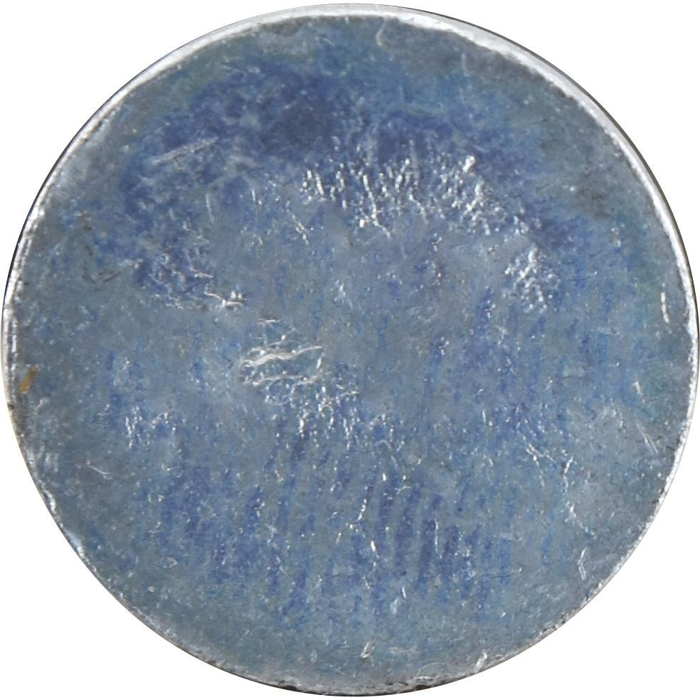 A worn and scratched round blue coin, resembling an aged Sparex Countersunk Head Bolt 2 Nibs With Nut (TF2E) - M14 x 30mm, making any inscriptions or images difficult to discern.