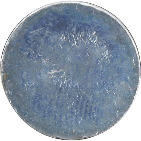 A worn and scratched round blue coin, resembling an aged Sparex Countersunk Head Bolt 2 Nibs With Nut (TF2E) - M14 x 30mm, making any inscriptions or images difficult to discern.