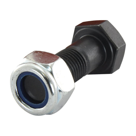 Close-up of a Sparex Hexagonal Head Bolt With Nut (TH) - M14x50mm, featuring a glossy black finish and a silver nut with a blue ring inside. This bolt, with its impressive tensile strength of 12.9, ensures durability and reliability for demanding applications. The product is available in a box containing 25 pieces under Part No.S.27465 by Sparex.