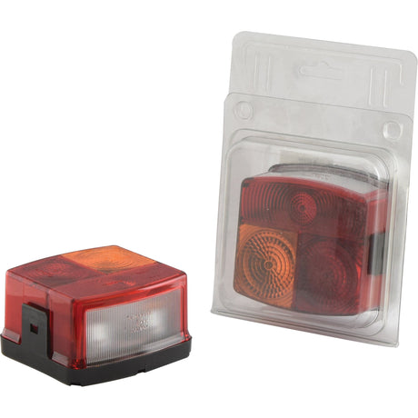 One unboxed Hella trailer light features a red, orange, and clear lens for Brake / Tail / Indicator functions, while the other is a packaged Sparex Rear Combination Light (Halogen), known as S.27499 with 4 functions: Brake / Tail / Indicator / Number Plate suitable for RH at 12/24V.